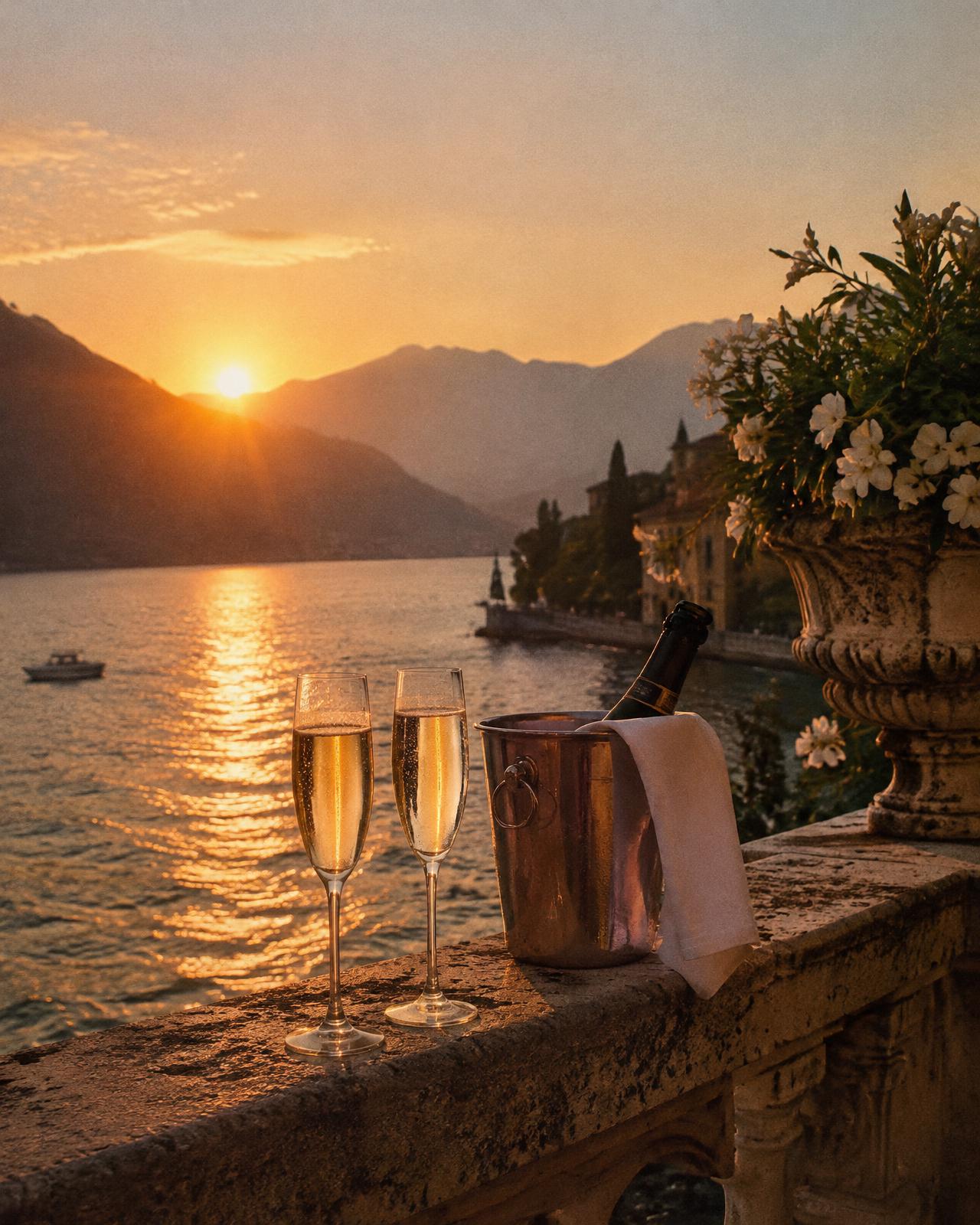 Brinde ao pôr do sol no Lago de Como